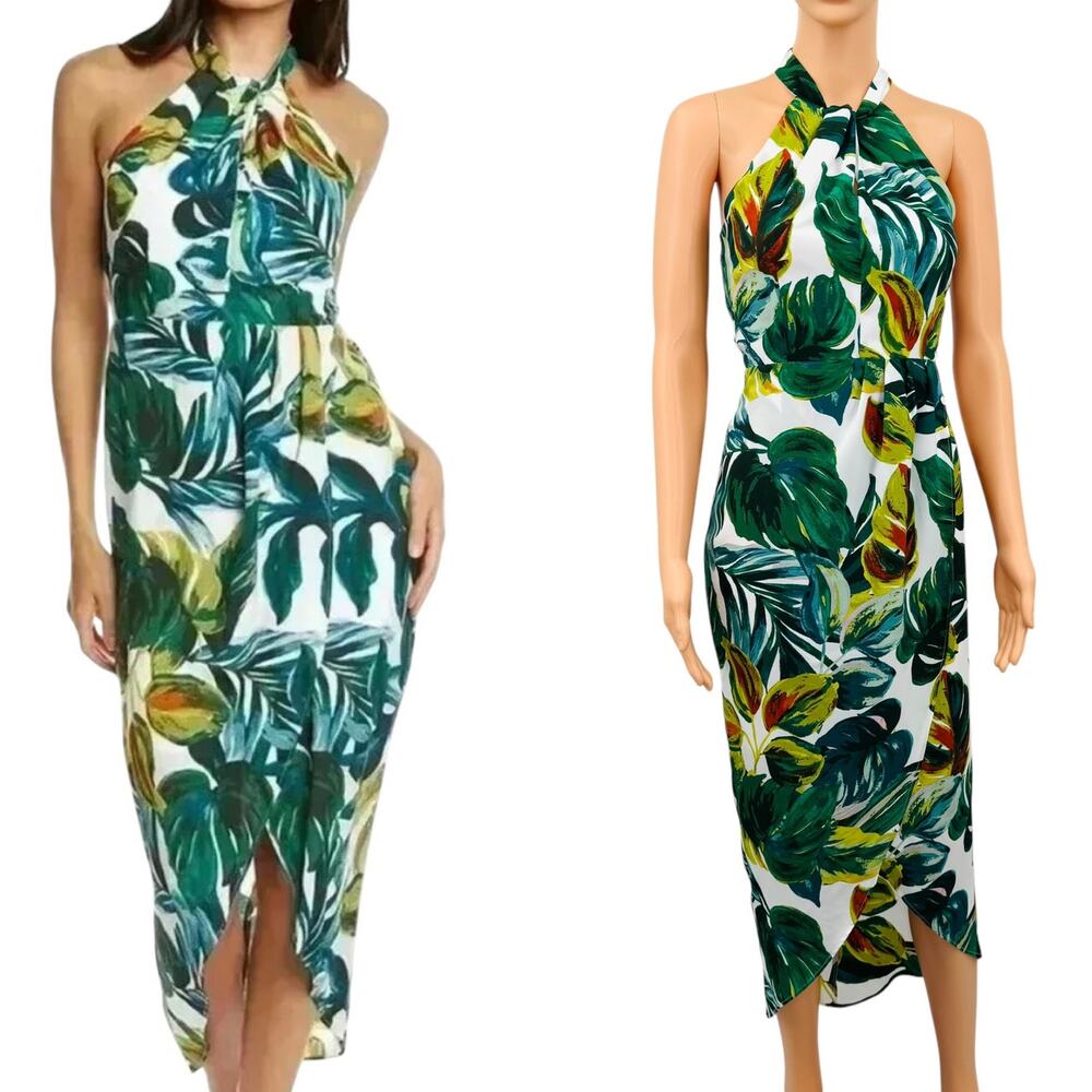 NWOT Julia Jordan Tropical Leaf Print Halter-Neck Tulip-Hem Midi Dress Size 2